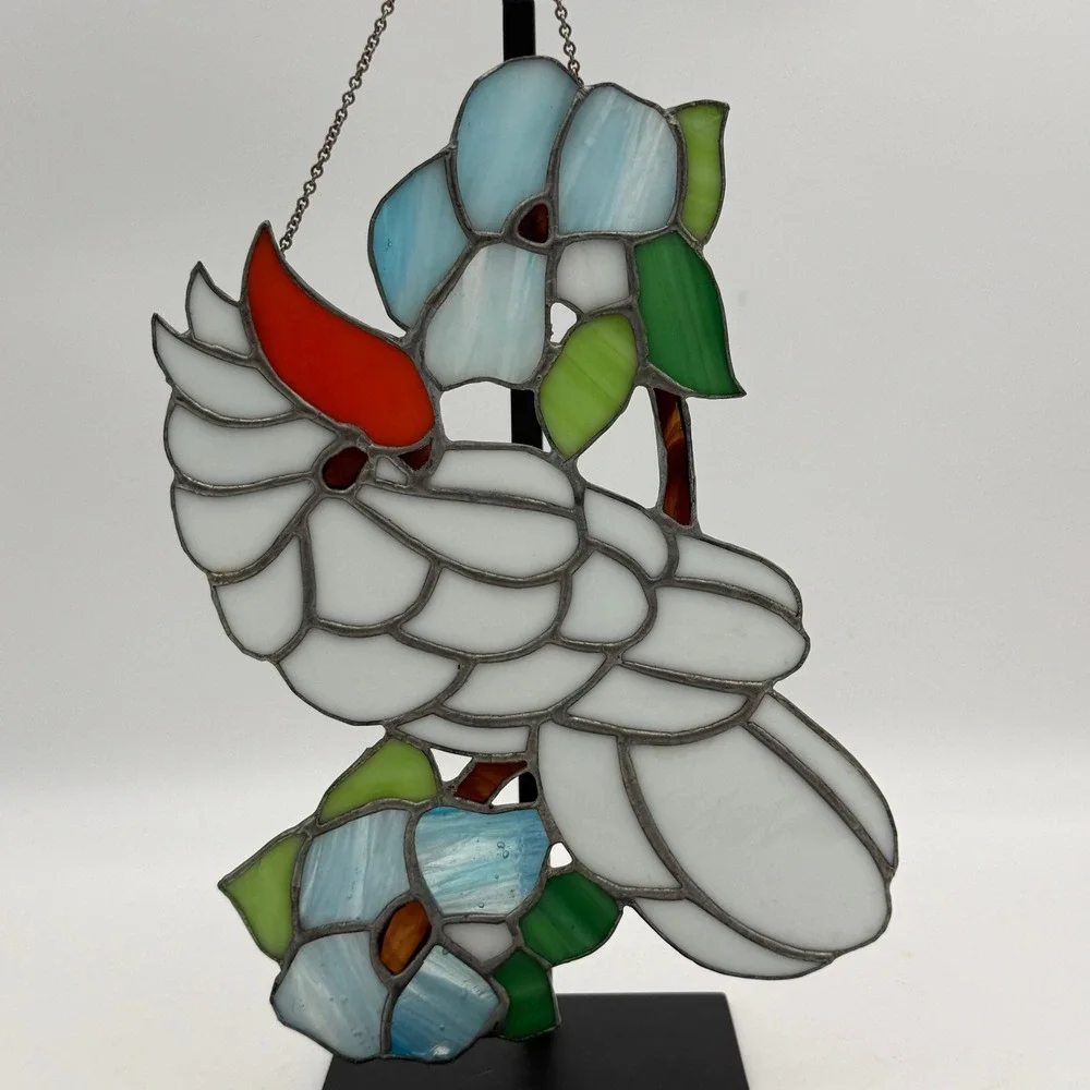 Vintage Stained Glass Bird Suncatcher White Cockatoo Blue Flower Window Decor